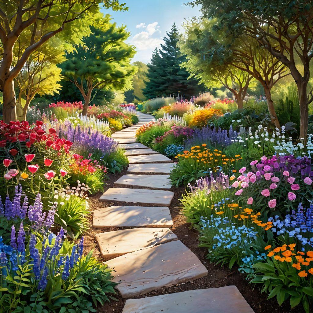 A serene landscape depicting a winding path through a vibrant garden symbolizes the cancer journey. Include supportive hands reaching out, representing compassion and community, with a soft glow illuminating treatment options like pills and therapy symbols. Show a diverse group of people walking together, embodying hope and strength. The atmosphere should convey warmth and resilience. super-realistic. vibrant colors. uplifting tone.