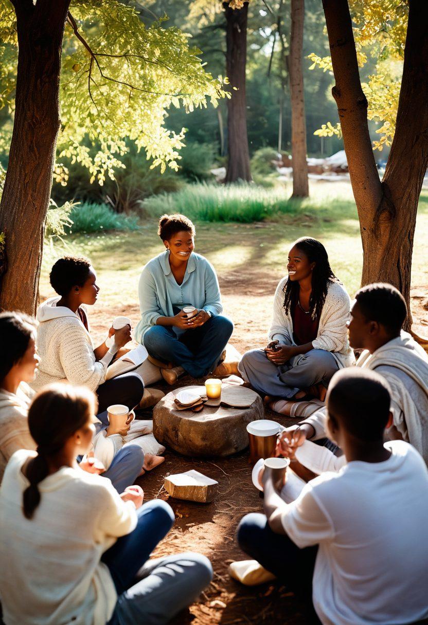 A warm, inviting scene of a diverse group of people sitting in a circle, sharing stories with expressions of hope and understanding on their faces. Ethereal light filters through trees, symbolizing support and community, with comforting elements like coffee cups and cozy blankets. Include subtle elements that represent personal journeys, such as a heart-shaped rock or a journal. Soft, pastel colors. illustration.