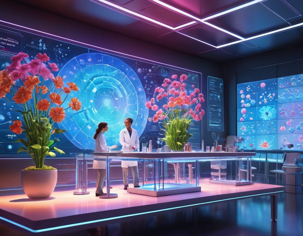 A futuristic laboratory setting showcasing scientists collaboratively analyzing advanced treatment methods for cancer. Display bright holographic displays of molecular structures and DNA, emphasizing innovation. Include elements symbolizing hope, such as blooming flowers or a sunrise in the background. The atmosphere is filled with vibrant colors to convey optimism and progress. super-realistic. vibrant colors. 3D.
